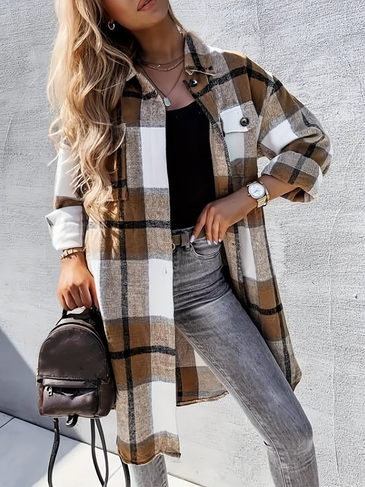 Evelora - Women's Long Plaid Print Jacket