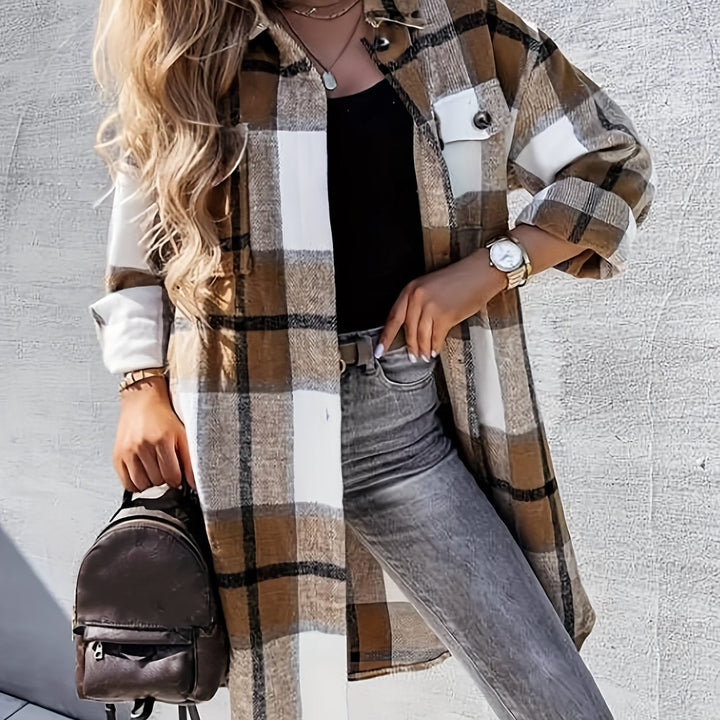 Evelora - Women's Long Plaid Print Jacket